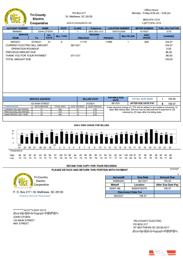USA Tri County Electric Cooperative utility bill template in Word and PDF format